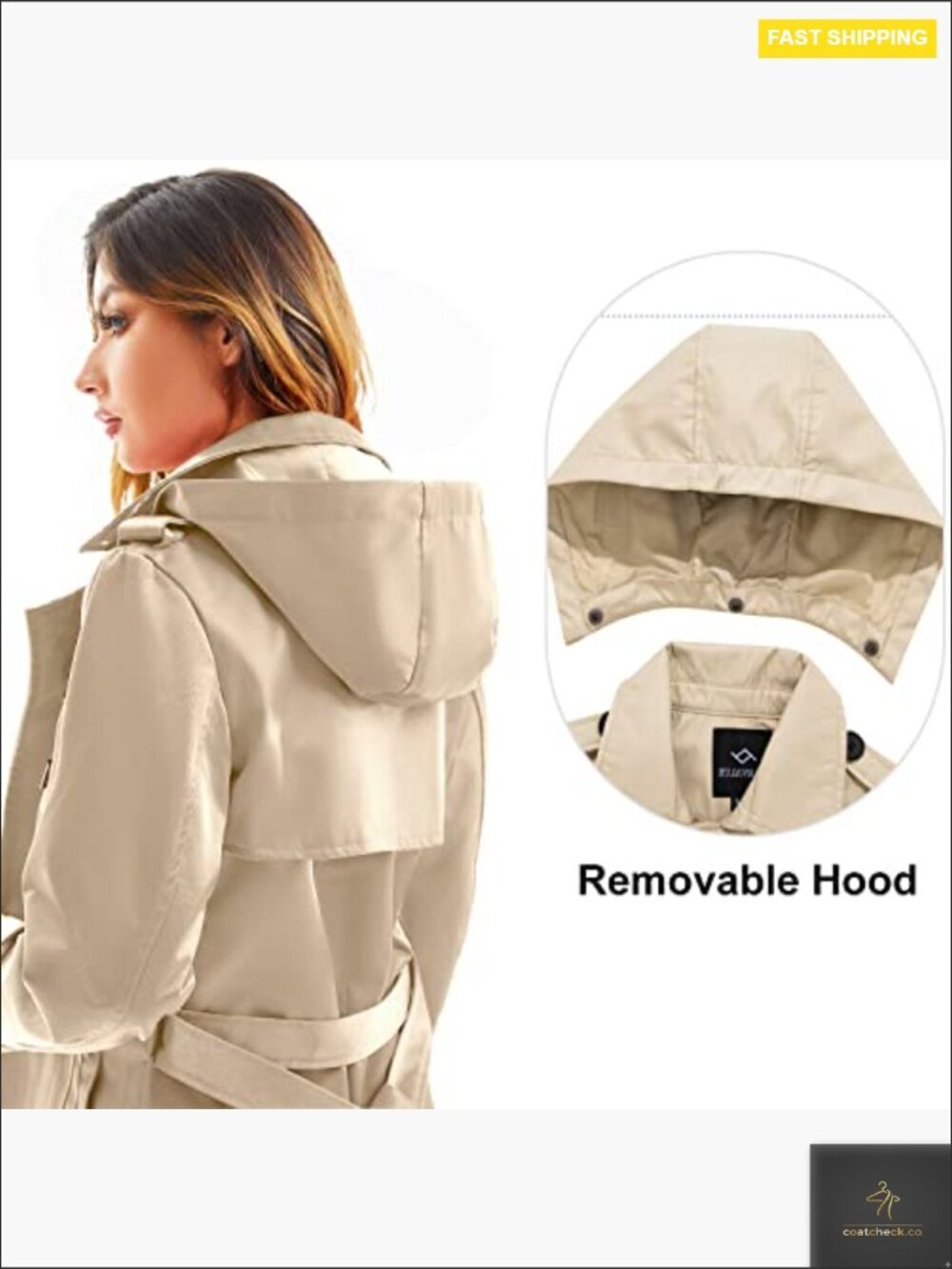 Long Waterproof Trench Coat Double Breasted Classic Lapel Detachable Hood - Picture 4 of 7